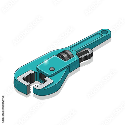 Adjustable wrench tool, isometric view, teal color, isolated on white background