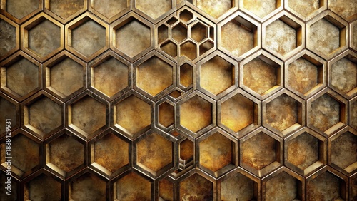 Abstract Metallic Hexagonal Pattern Background Texture with Golden Accents and Aged Surface