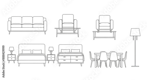 Architectural drawings of furniture and lighting.