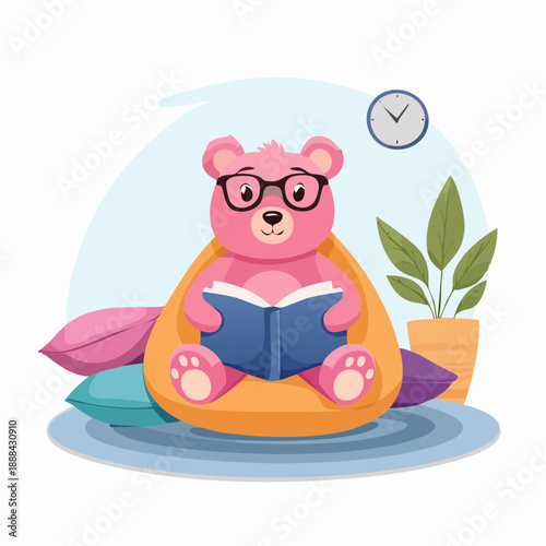 Cute pink bear cartoon reading a book comfortably, relaxing character illustration perfect for education, cozy lifestyle, and children’s content design.