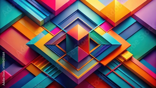 Vibrant Abstract Composition of Interlocking Geometric Shapes Featuring Bold Hues and a Striking Central Focus
