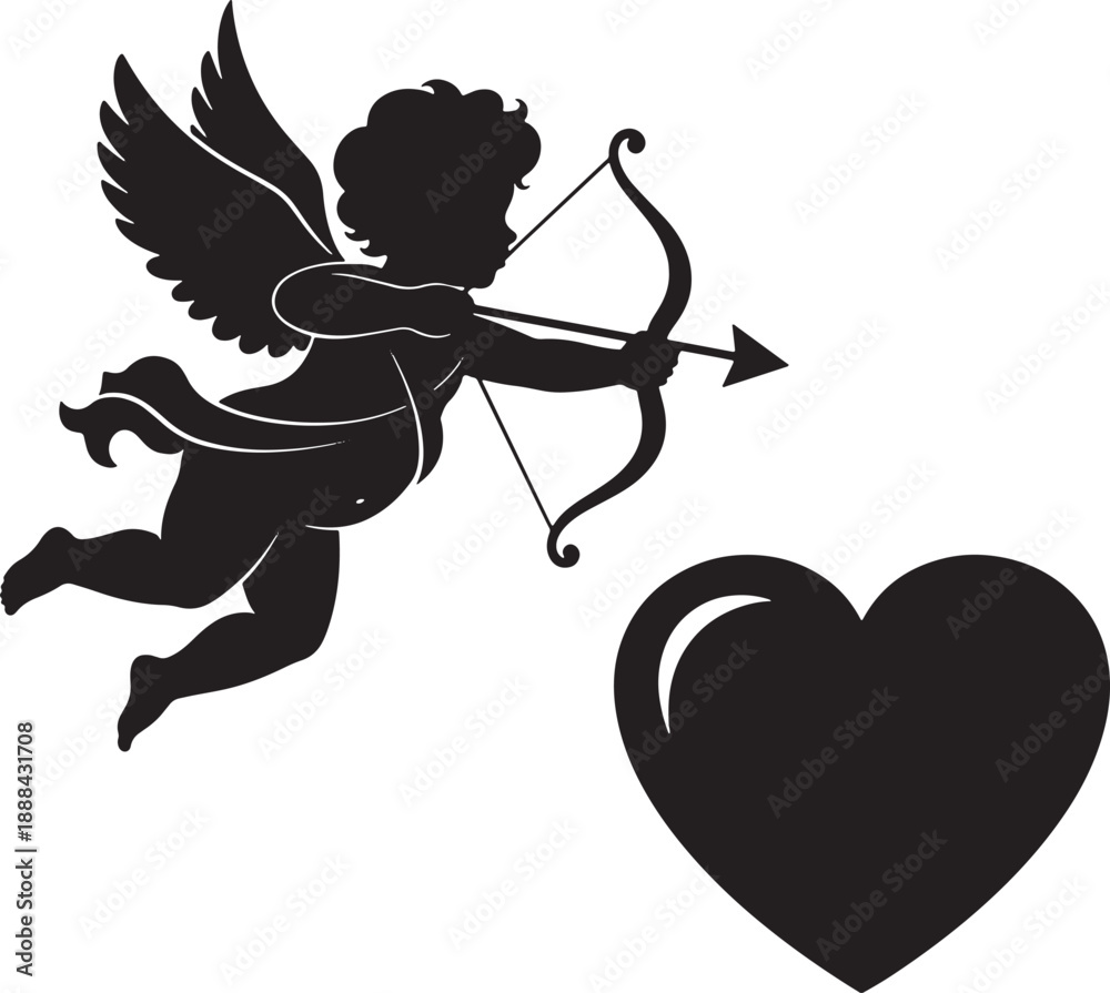 Fototapeta premium Black silhouette of cupid with bow and arrow shooting heart