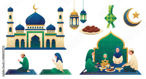 Beautiful Illustration of Islamic Traditions Festive Gatherings, Prayer, and Cultural Symbols