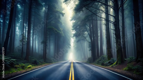 Mysterious Foggy Forest Road Beckons with a Serene and Enigmatic Journey Ahead