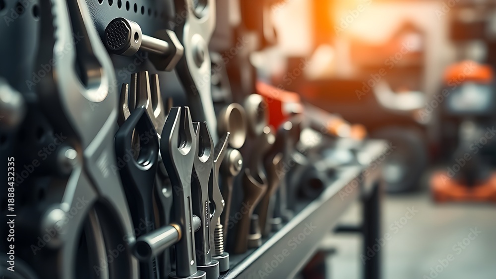 Obraz premium Automotive tools and mechanical parts arranged neatly in a close-up detail shot with workshop lighting. safety posters.