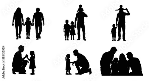 Diverse Family Silhouettes: Parents Holding Hands with Children, Father Carrying Kid