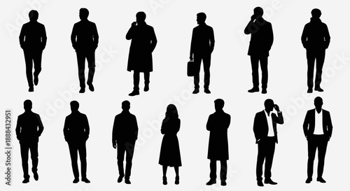 Collection of Diverse Business People Silhouettes Walking and Talking on Phones
