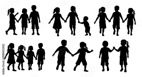 Diverse Group of Children Silhouettes in Various Playful Poses Holding Hands