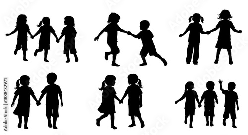 Diverse Group of Children Silhouettes Playing Together in Various Poses