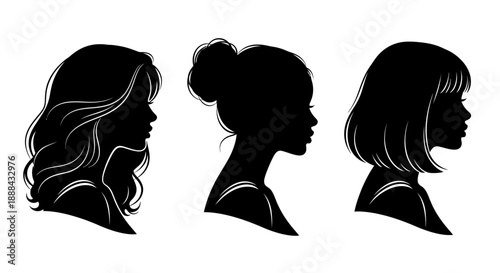 Set of Elegant Female Silhouettes with Different Hairstyles on White Background