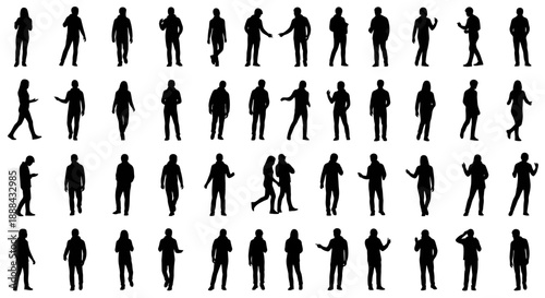 Collection of Diverse Human Silhouettes Standing in Various Poses, Isolated on White