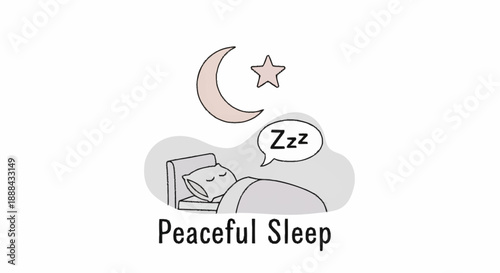 Serene Illustration of a Person Sleeping Peacefully in Bed with Moon and Star.