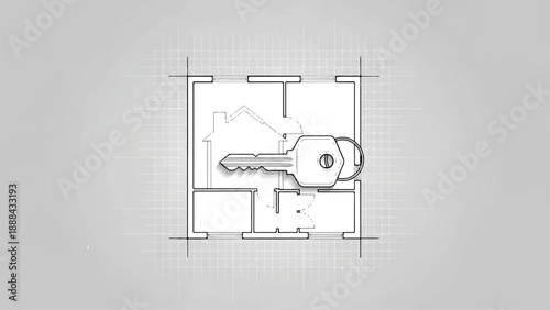 Illustrative blueprint of a house floor plan with a large key, representing home ownership, real estate investment, and the secure acquisition of a new property