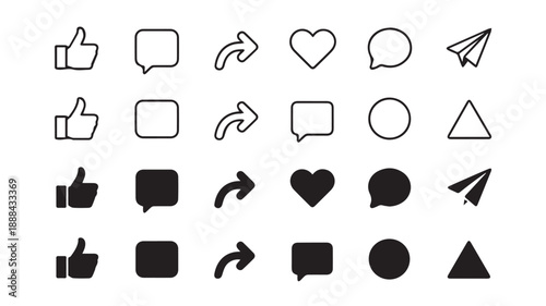 A collection of minimalist black line art icons representing social media engagement and communication elements, perfect for digital interfaces and design projects