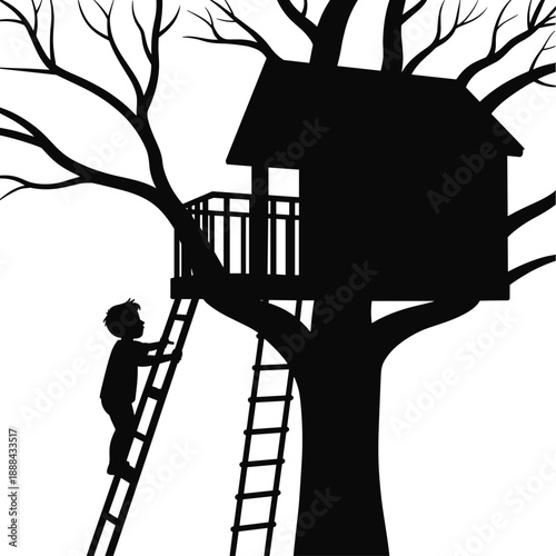Silhouette of a boy climbing a ladder to a treehouse, with a slightly different ladder angle and branch detail
