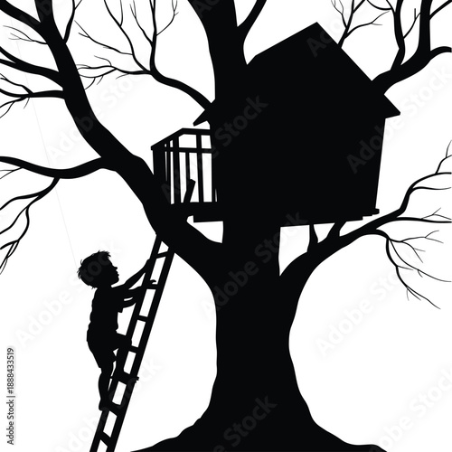 Silhouette of a child ascending a ladder towards a treehouse, with a rope hanging from the treehouse platform
