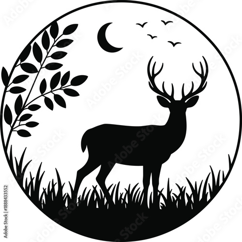 Silhouette of a stag standing in tall grass under a crescent moon with birds flying in the night sky