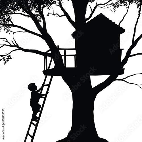 Silhouette of a young boy climbing a wooden ladder to a rustic treehouse nestled within the branches of a large, bare tree