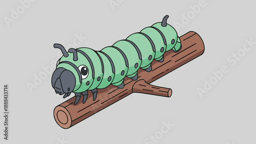 Cute green caterpillar with black eyes crawling on a brown wooden stick, cartoon illustration