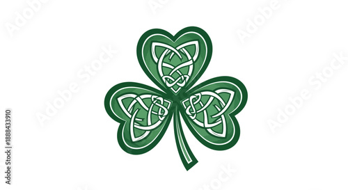 A stylized green shamrock with intricate Celtic knot designs on a white background.