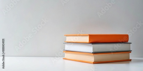 A stack of three books with orange, gray, and off-white covers rests on a minimalist white surface against a neutral background