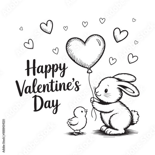 A charming valentine s day illustration featuring a bunny chick heart balloons and loving details