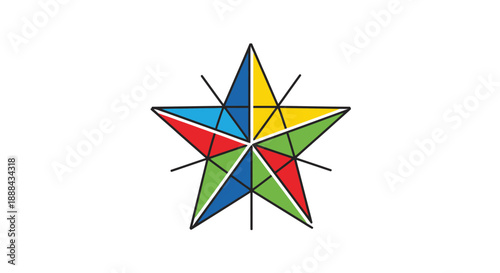 Vibrant abstract star design composed of multifaceted geometric triangles in a striking array of primary colors, representing unity, diversity, and dynamic creativity in a modern visual concept