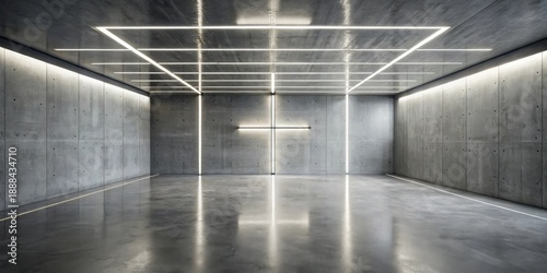 Modern minimalist interior design featuring a spacious room with concrete walls and a polished concrete floor, illuminated by linear LED lighting fixtures creating a sleek and sophisticated ambiance