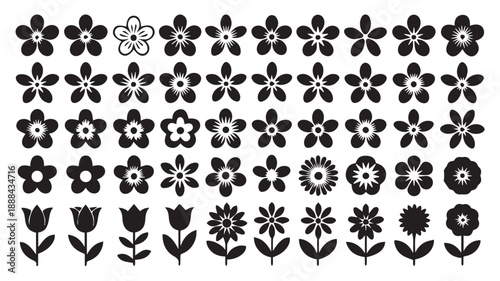 A diverse collection of floral vector icons in black and white, featuring various flower and tulip shapes