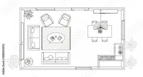 Architectural floor plan of a modern living room and dining area.