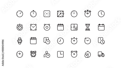 A Collection of Minimalist Icons Representing Time, Clocks, and Calendars for Various Applications