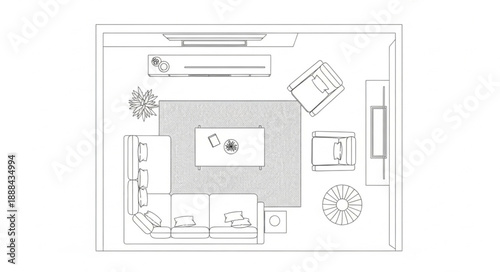 Architectural floor plan sketch of a modern living room interior design.
