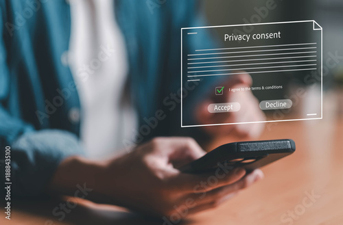 Close up shot of people using smartphone and laptop decided to accept or decline to share Privacy Consent of their personal data. Customer data privacy when access online website. GDPR compliance.