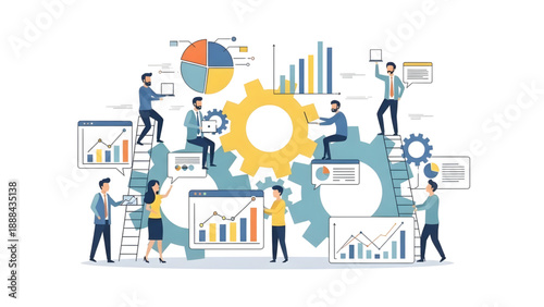 Business teamwork and data analytics vector art with giant gears and growth charts on transparent background for operational efficiency and strategic planning.