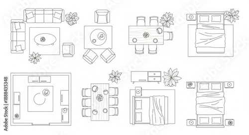 Architectural floor plans of various rooms and layouts.
