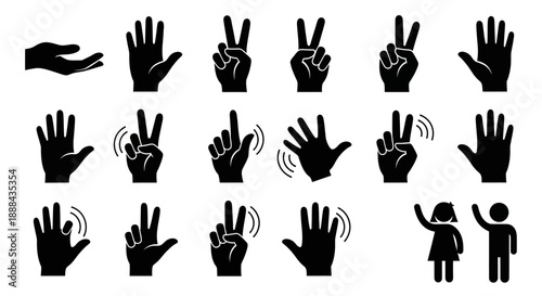 Collection of Black Hand Gestures Icons: Counting, Waving, and Symbols