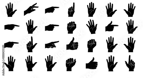 Collection of Diverse Black Hand Gestures and Signals on White Background