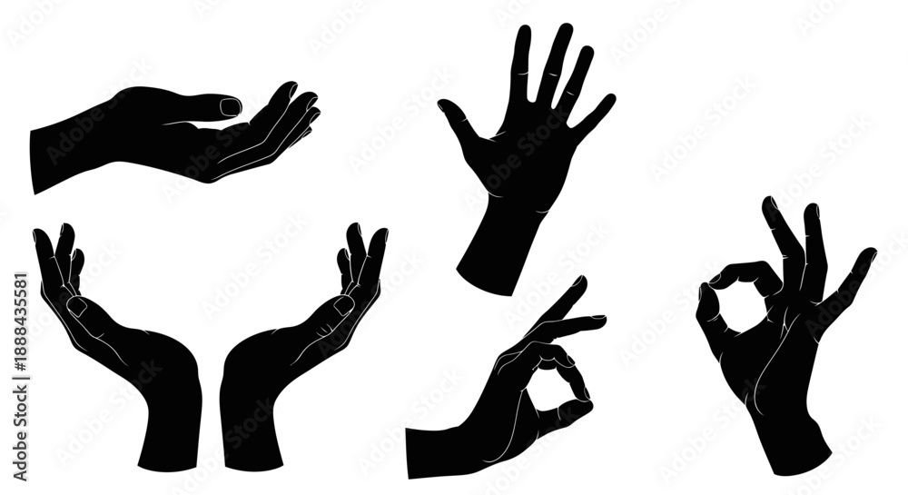 Fototapeta premium Set of Diverse Hands in Silhouette Gestures, Representing Communication, Actions, and Signals
