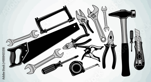 Collection of Various Hand Tools and Construction Equipment on a White Background