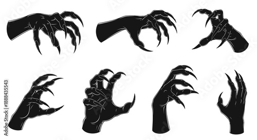 Collection of Black Silhouette Monster Hands with Sharp Claws Extended in Attack Pose