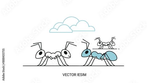 Two ants facing each other with clouds above, minimal vector illustration