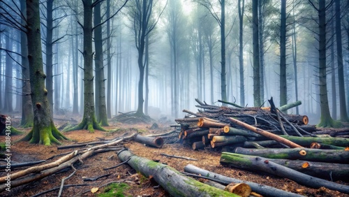Misty Forest Logging A Pile of Cut Logs in a Foggy Woodland Setting