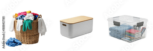 Set of home organization containers, wicker laundry basket with clothes, modern white storage bin and clear plastic box isolated on white background