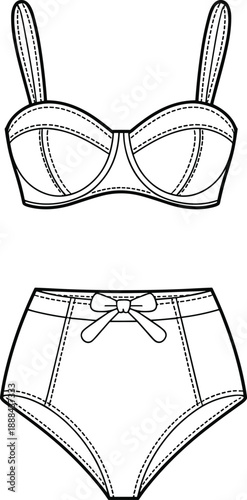 Detailed black and white line of a bra and high-waisted panties featuring dashed stitching and a bow on the front of the underwear