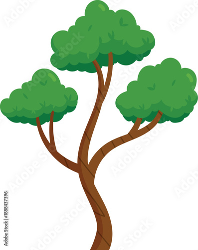 Whimsical cartoon tree illustration featuring vibrant green foliage and a curving brown trunk, ideal for children's books, educational materials, or digital design projects