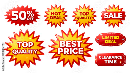 Set of Red and Yellow Sale Starburst Stickers with Discount Promotion Labels