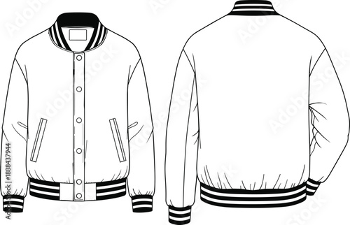 Varsity bomber jacket technical fashion sketch showing front and back views with ribbed collar, cuffs and hem, snap button closure and clean line art apparel illustration