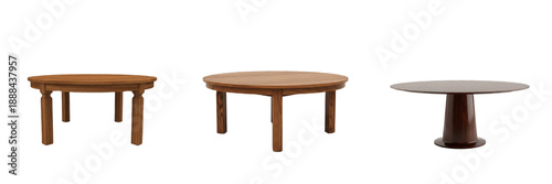 Set of different wooden round coffee tables and dining tables isolated on white background, furniture collection