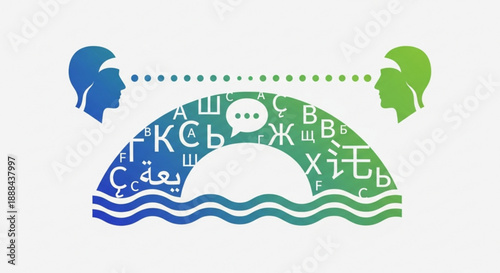Multilingual communication symbol with two profile heads facing each other in blue and green gradient representing language translation and cultural exchange with wavy lines