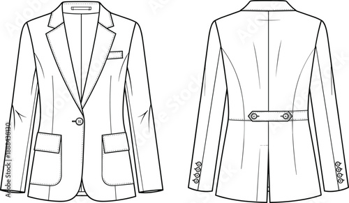 Women tailored blazer technical fashion sketch showing front and back views with lapel collar, pockets, waist belt detail and clean line art apparel illustration